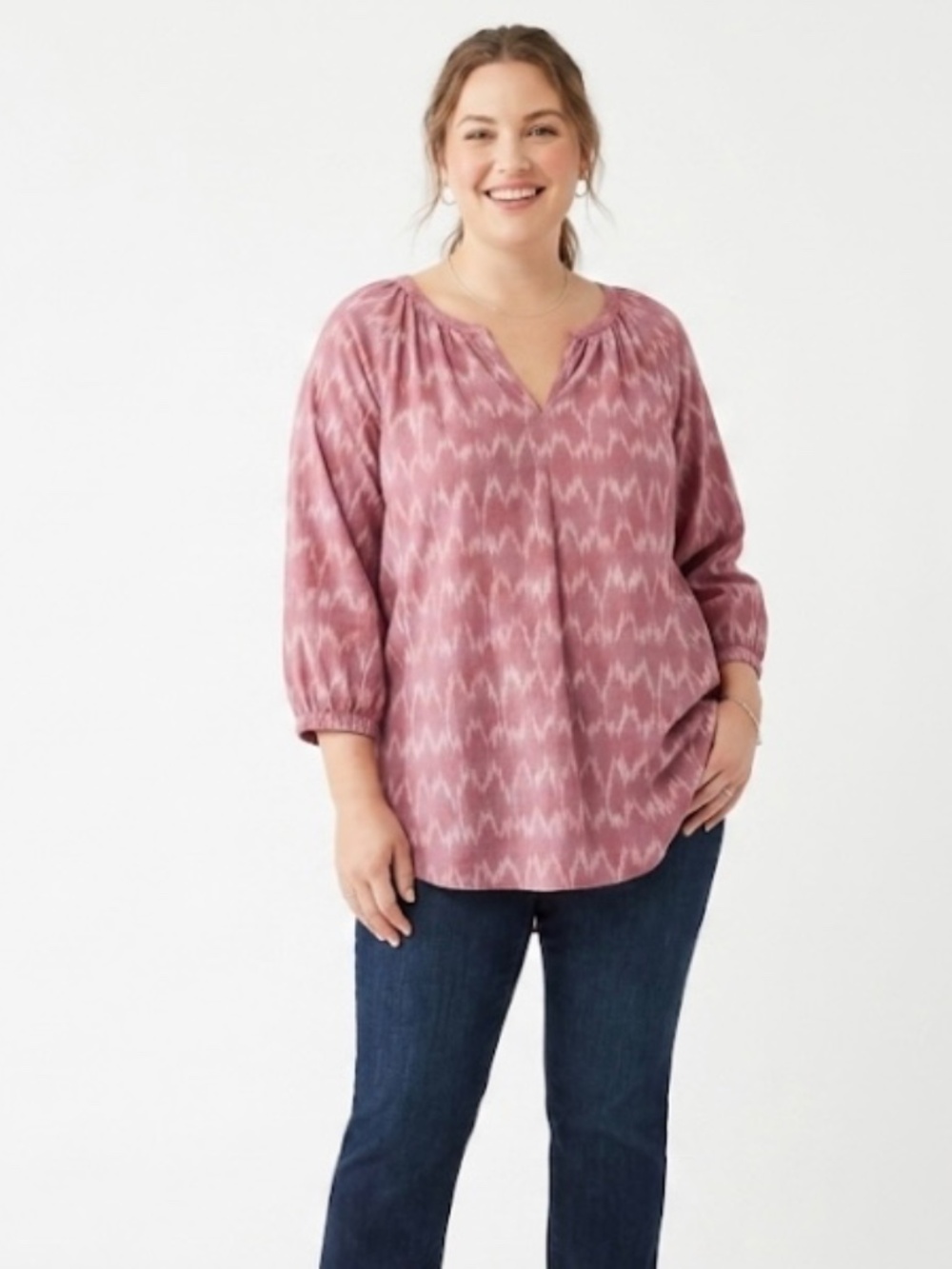 Pure Jill 100% Cotton Ikat Print Tunic Top Sz 3XL Red Artisan Boho Chic Relaxed